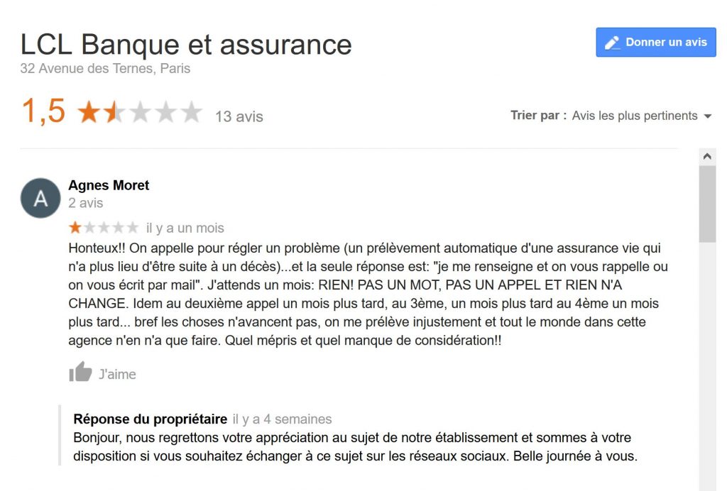 Avis LCL: mauvaise gestion  CBI: Crédit, Banques et Investissements